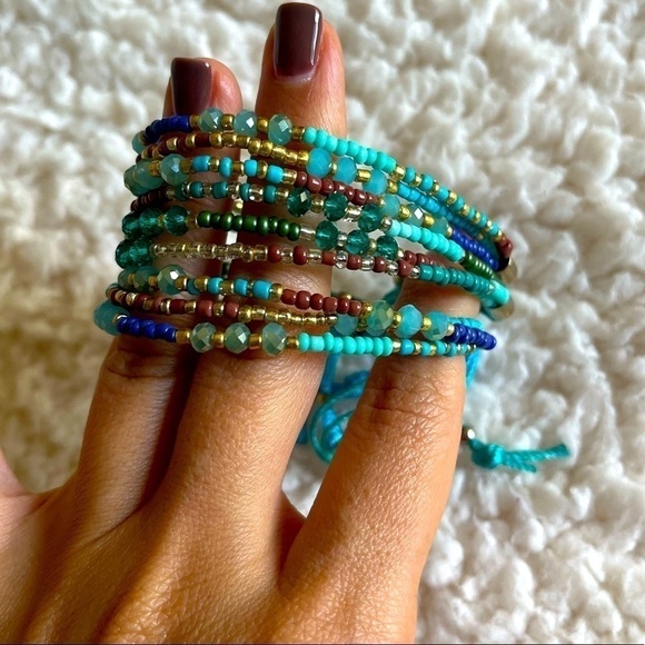 𝅺SET of 3- Multi Strand, Beaded Bracelet Teal/Aqua, glass, Swarovski crystals - Picture 1 of 6